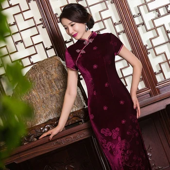 

Burgundy Brand New Arrival Velour Chinese Traditional Women's Hand-Made Button Long Cheong-sam Dress S M L XL XXL 3XL 0920029