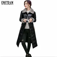 KMETRAM пальто с меховым воротником зимняя куртка Женская Длинная кожаная пуховая хлопковая парка больших размеров Chaqueta Mujer плюс размер S-4XL HH295