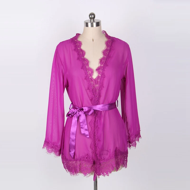 Халаты с кружевом свадебные вечерние Халаты Femme халаты сексуальный купальный халат кимоно невесты банный халат розового размера плюс нижнее белье халат осень - Цвет: Фиолетовый