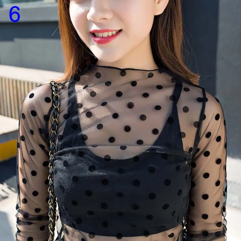 

New Sexy Women Blouse See Through Transparent Mesh Long Sleeve Sheer Blouses Shirt Tops Tee LMH66