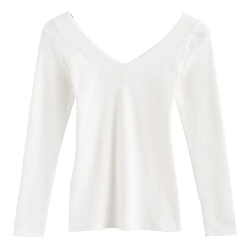 Весенне-летний однотонный сексуальный топ с длинным рукавом и v-образным вырезом, с открытыми плечами, женские футболки, женская футболка - Цвет: Белый