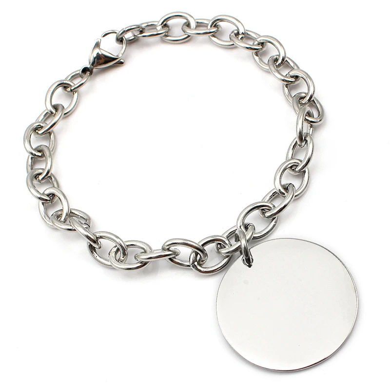 Women Fashion Bracelets Jewelry Accessories Bangles Chain Link Bracelets with Round Engravable Laser Logo/Name Charm Pendant 4