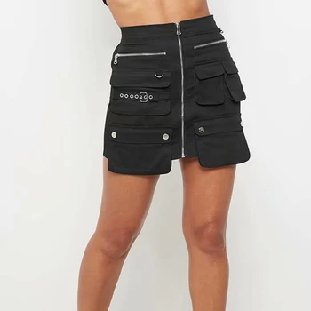 

American Casual Women Black Zipper and Multi-pocket A-line Mini Dress Cargo Shirt American and European Design A-line Shirt