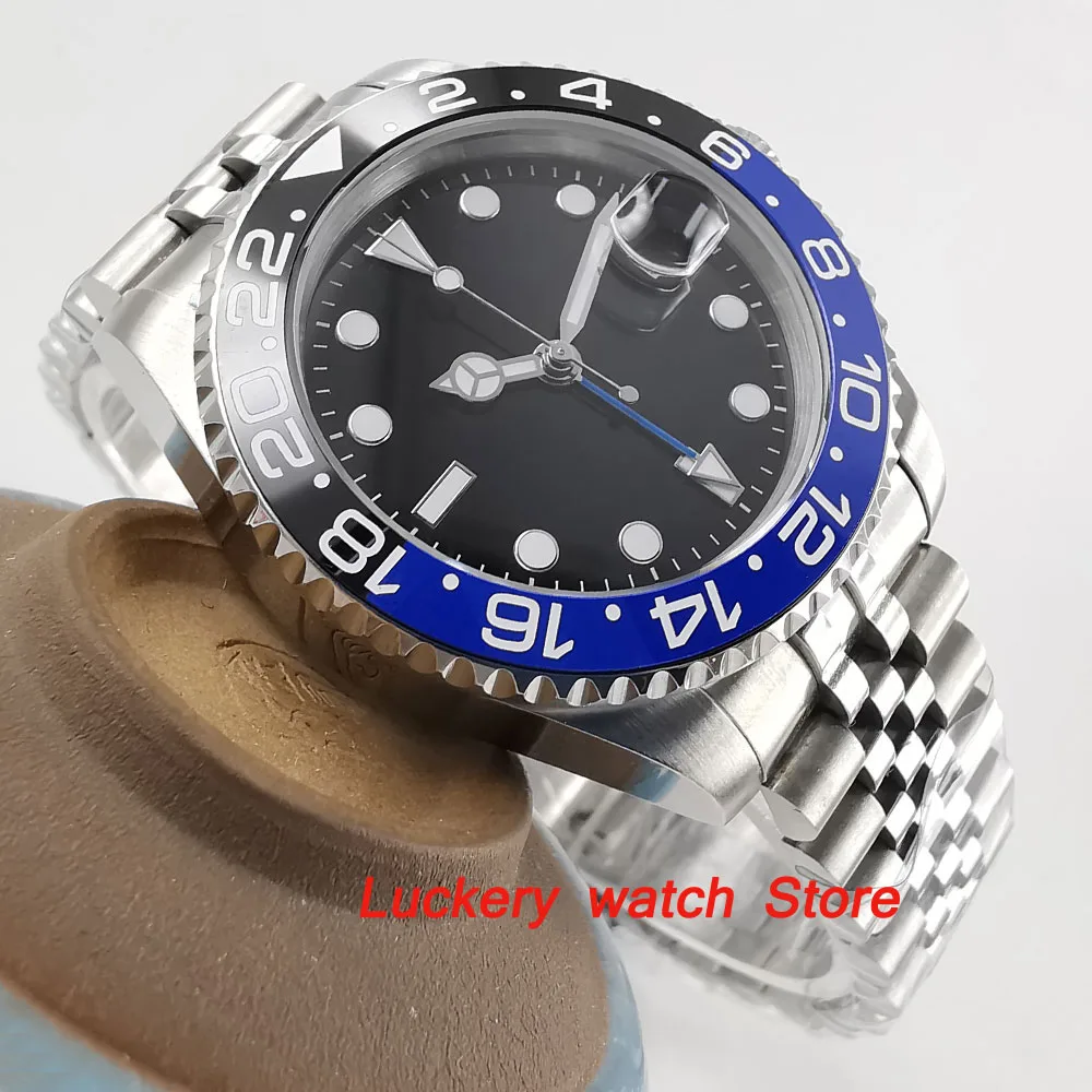 

40mm Parnis Black and blue Ceramic Bezel black dial blue GMT hands luminous marks sapphire glass automatic Mens Watch-PA67