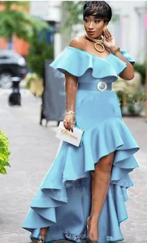 

2018 Off Shoulder Evening Dresses High Low Sky Blue Prom Gowns Ruffle With Sashes Custom Made Formal Party Gowns Sexy Fashion