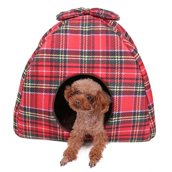 

New Arrive Pet Kennel Super Soft Fabric Red Mat Cushion Warm Nest Tent House Pup Grid Print Tapered House for Cat Dog