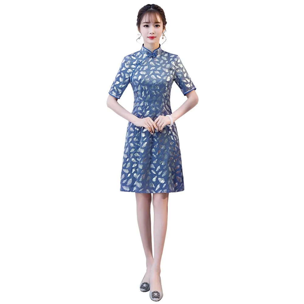 Китайское традиционное платье до колена с цветочным принтом Cheongsam Leaf Bronzing Print Qipao