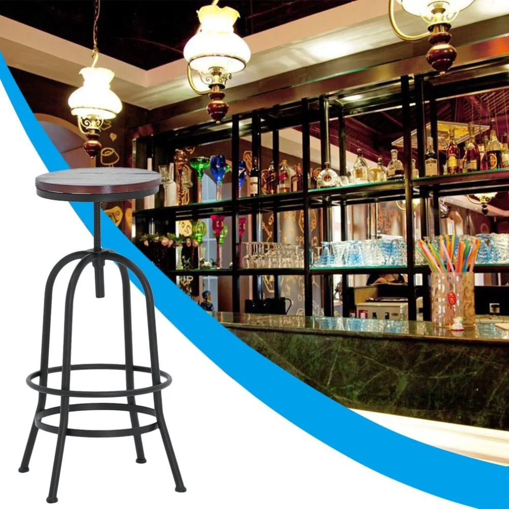 Adjustable Height Metal Vintage Bar Stool Wood Top Industrial Seat Kitchen Dining Chair Pipe Style Bar Stools Home Furniture
