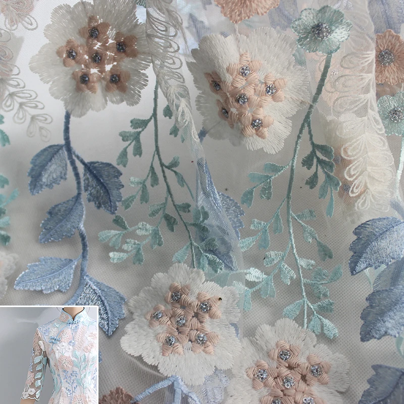 

50x120cm/piece Blue Flower Floral High Quality Embroider Manual Handmade Fabric Lace Cloth For Wedding Dress Clothes DIY Sewing