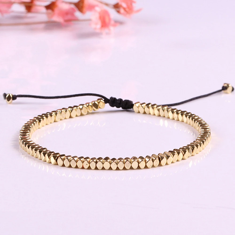 

Simple Hematite Bracelet Metal Bead Adjustable Bracelet New Fashionable Beaded Bohemia Bracelets For Women Men Bangles