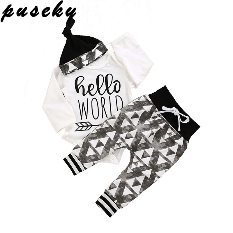 

Puseky 3PCS Set Hello World Newborn Baby Boy Clothes Long Sleeve Cotton Romper Tops+Triangle Harem Pant Trouser Hat Baby Clothes
