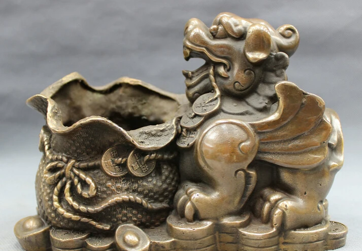

S4917 8" Chinese Bronze YuanBao Coin Lion Head Kylin Statue Bag Brush Pot Pencil Vase D0317