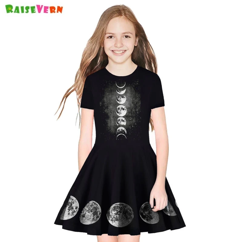 

Summer Girls Dress Gothic 3D Moon Phase Print Teenager Girl Casual Dress Kids Short Sleeve Princess Dresses 8 9 10 Years
