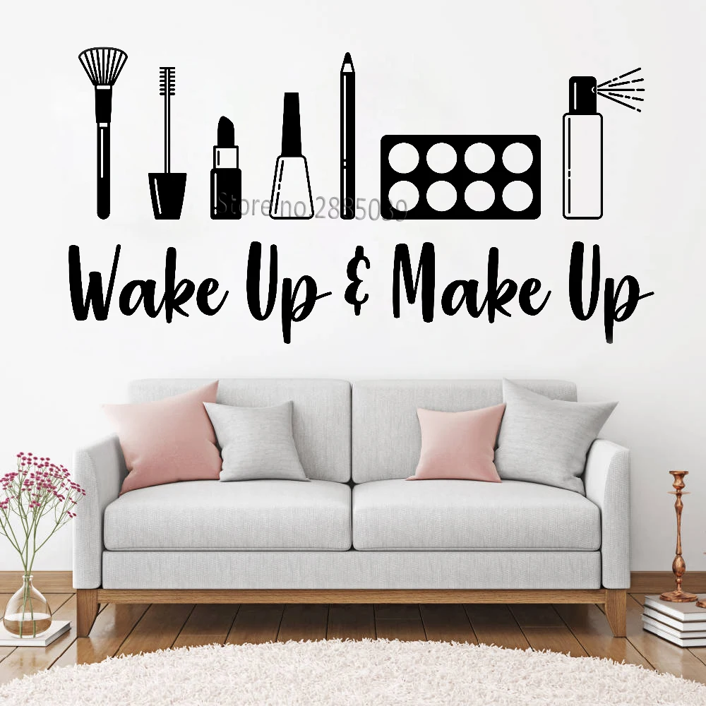 

Wake up and Make Up Quote Wall Stickers Decal Wall Vinyl Art Design Eyebrows Makeup Tools Murals Beauty Studio Decoration LC975