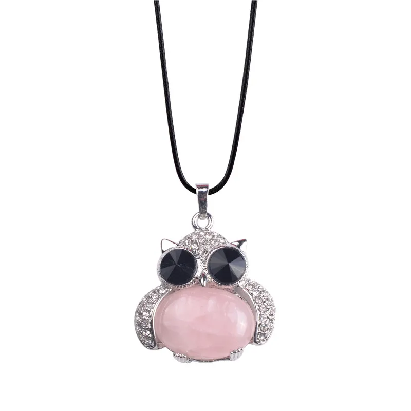 Crystal Owl Necklaces & pendants Pink Quartz Green Aventurine Women Charms Necklace Animal Jewelry