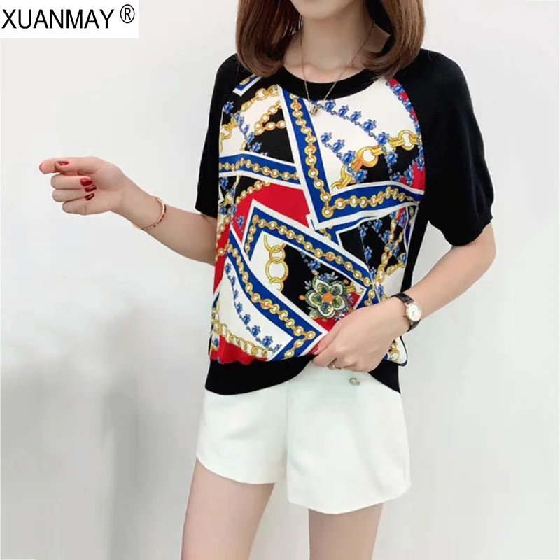 

Summer print pattern Thin style Pullover Sweater 2019 women lace stitching Knit Sweater Playing card pattern Black Knitting Top