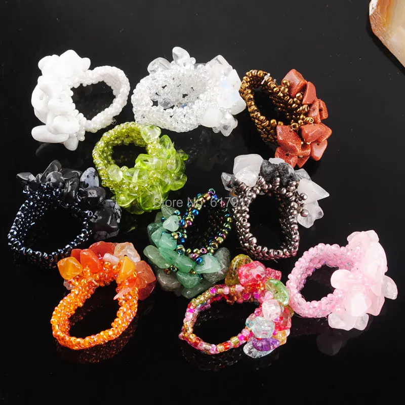 

Free Shipping Mixed Colors 10PCS Gem Stone Chips Beads Stretchy Finger Ring US 6~10 TC2044
