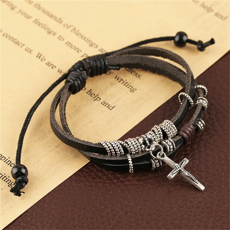 Punk Style Cool Cross Multilayer Women Men Bracelets Vintage Hand-woven Stylish Jewelry Fashion Charm Leather Bangle (13)