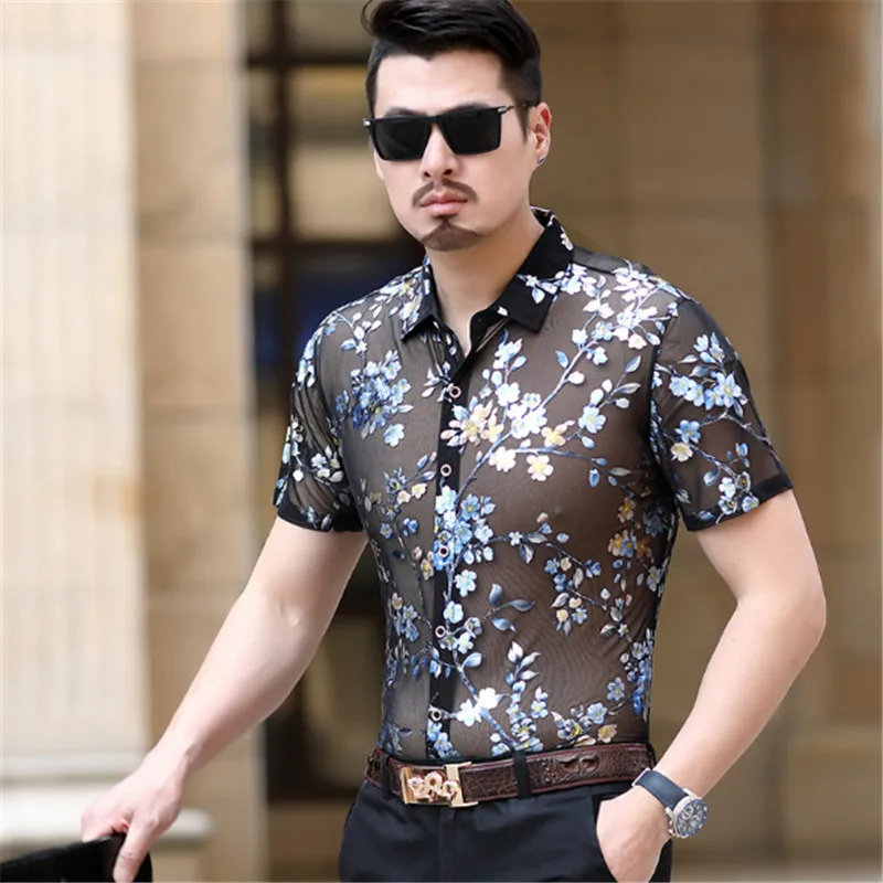 

XIU LUO brand Blue Floral See Through Fishnet Shrit Slim Fit Transparent Clubwear Dress Shirt Party Event Lace Sheer Blouse