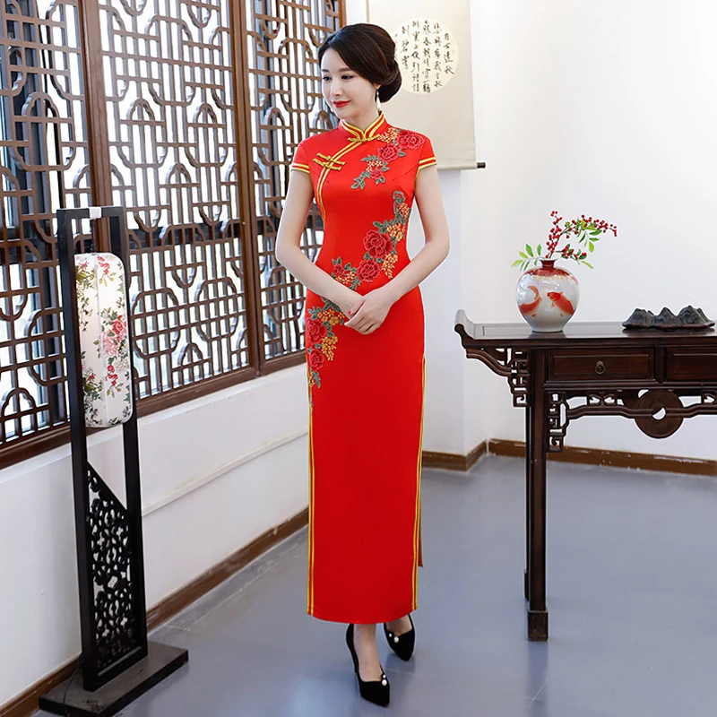 Red Long Cheongsam Chinese style Short Sleeve Dress Womens Qipao Slim Party Dresses Summer Lady Vestido S-4XL | Тематическая одежда