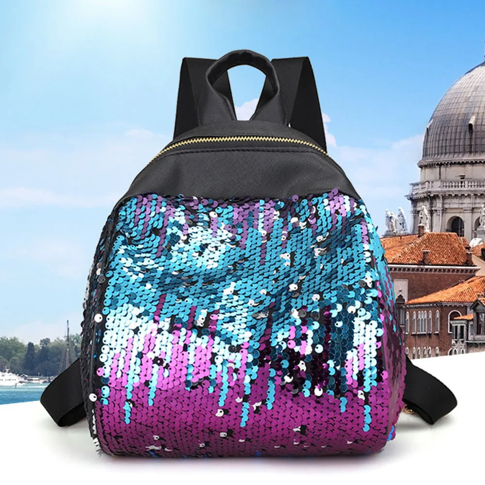

Glitter Sequins Teen Girl Backpack PU Leather Travel Carrier Small Shiny School Bags Double Strap Rucksack sale