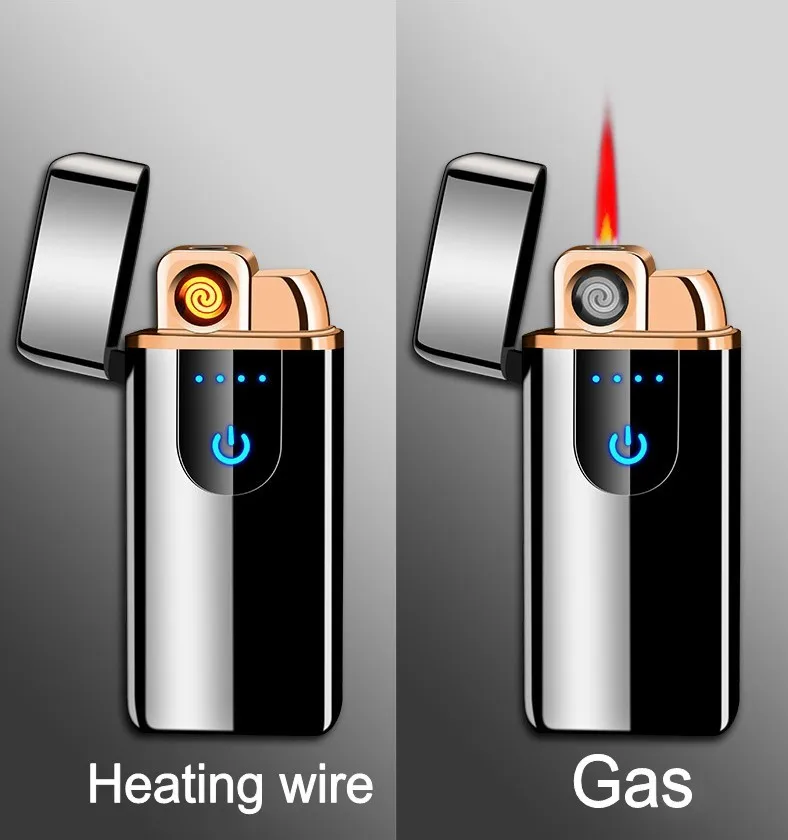 Газовая и электрическая зажигалка с сенсорным экраном, перезаряжаемая USB Зажигалка, ветрозащитная металлическая газовая зажигалка с дисплеем питания