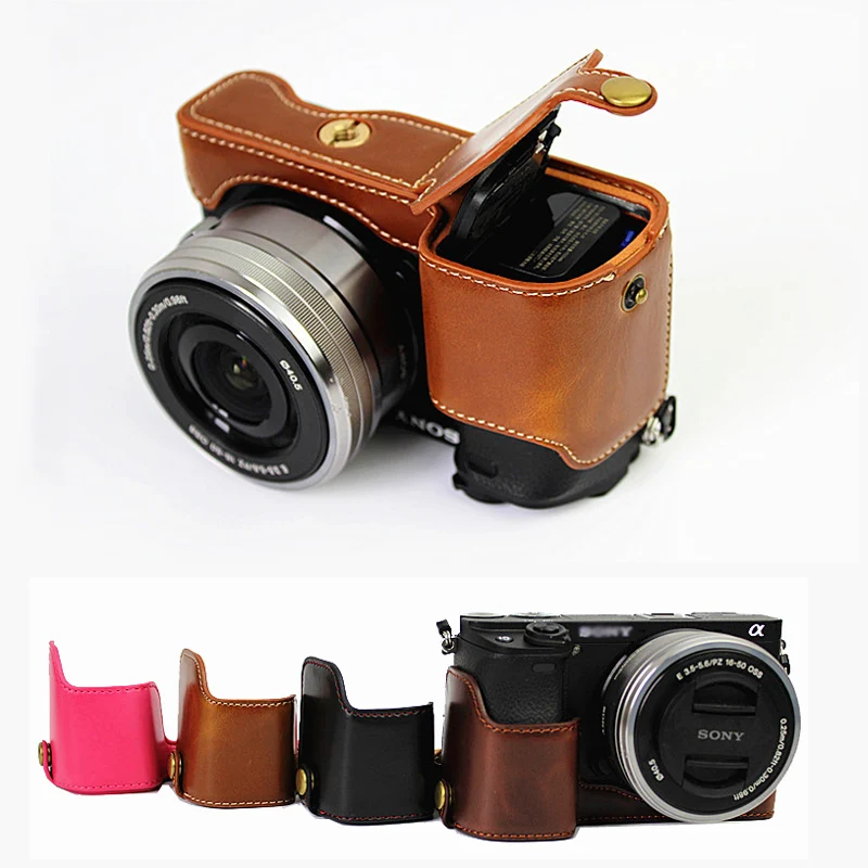 Hwota Handmade Genuine Camera Half Leather Case Bag Cover for Sony Alpha A6300 ILCE-6300 Red