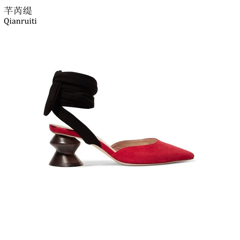 red faux suede heels