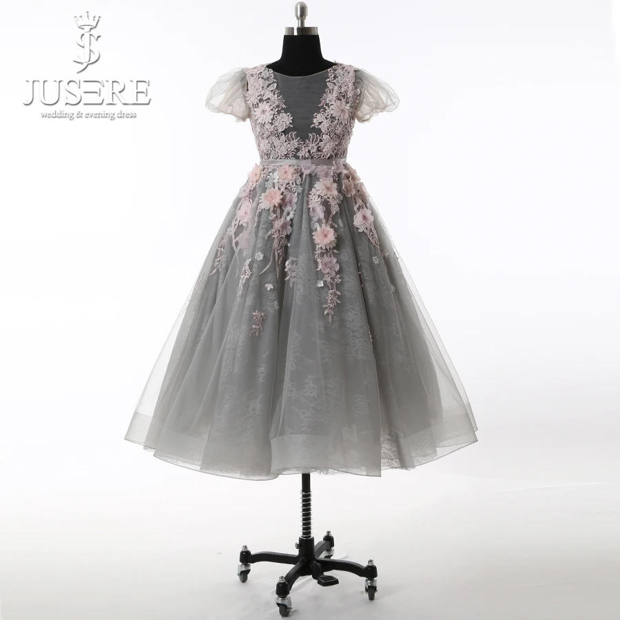

Baby Gown Grey Tulle Body Flowers Colorful Pleat Short Sleeves Floor Length Lovely Flower Girls Dress 2018