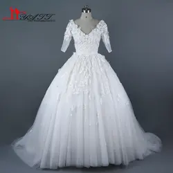 Liyatt Свадебные Свадебное платье Vestido De Noiva 2017 настоящая фотография 3D цветок очень Пышное Бальное Платье Кружево Ближний рукава Арабский