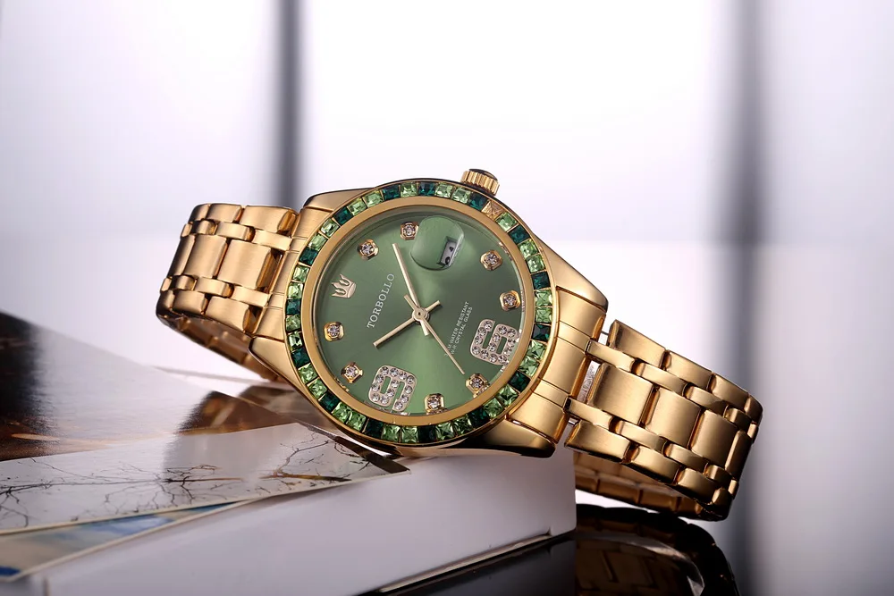 TORBOLLO роскошные женские часы с механизмом Miyota Кварцевые часы с датой и кристаллами зеленые женские часы с коробкой
