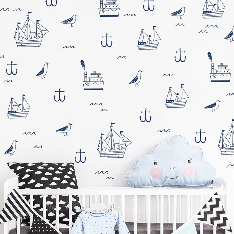 

Nautical Kid Wall Stickers Ship Vinyl Decals Cute Anchor Decor Wall Decal Nursery Kids Room DIY Removable Art Wallpaper JW346