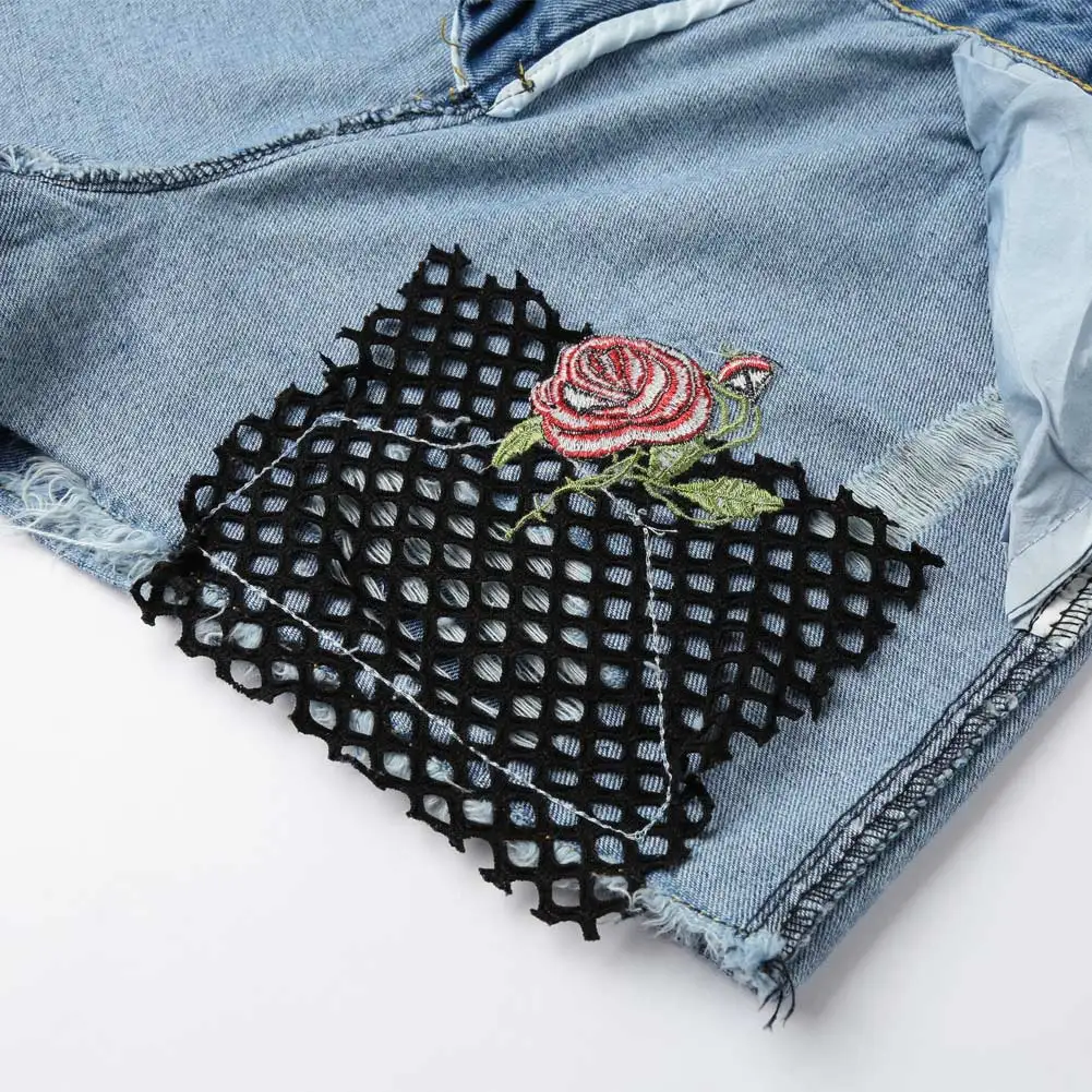 Женские повседневные джинсовые шорты из потертой джинсовой ткани с цветочной розой и вышивкой с дырками и высокой талией, рваные потертые