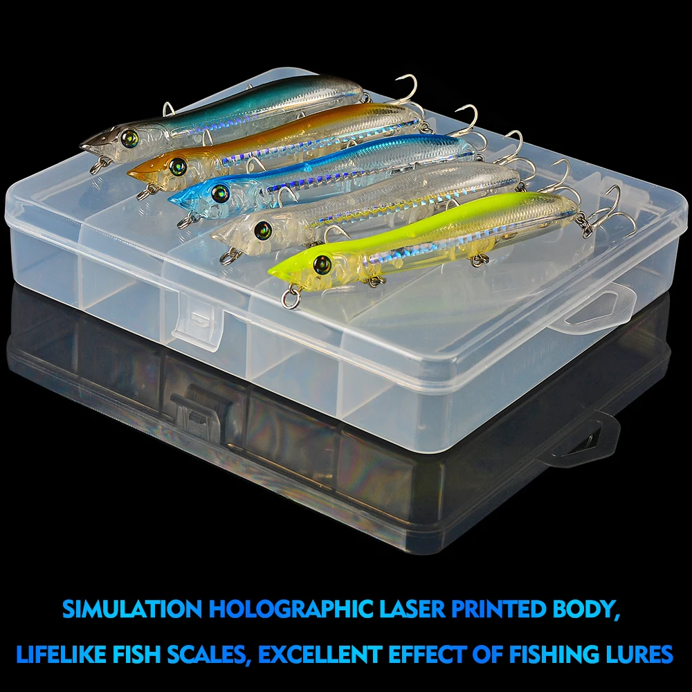 

New 5pc Mixed Color Floating Fishing Lure Set Popper Bassbait 11.3cm-4.45" Artificial Hard Bait Wobbler with Fishing Tackle Box