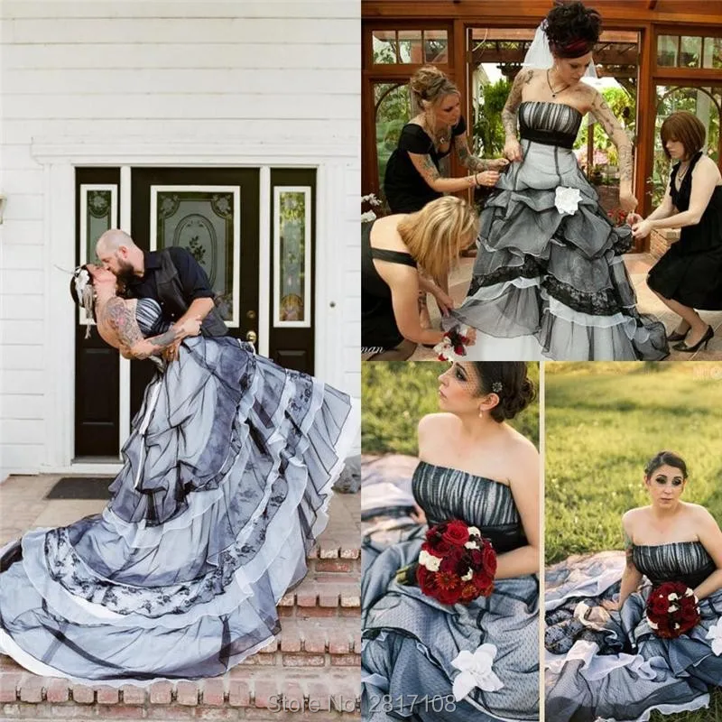 2017-BlackAnd-White-Lace-Gothic-A-Line-Wedding-Dresses-Plus-Size-Strapless-Tiers-Court-Train-Contry (2)