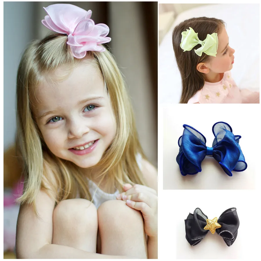

2017 Summer New Big Bowknot Hairpins girls Organza yarn bow hair clips Kids Cute stars hair accessories barrettes headwear J49