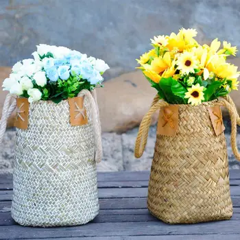 

Nordic Natural Woven Seaweed Shopping Basket Fruit Garden Storage Basket With Handle Decorative Basket Clothes Beach Bag