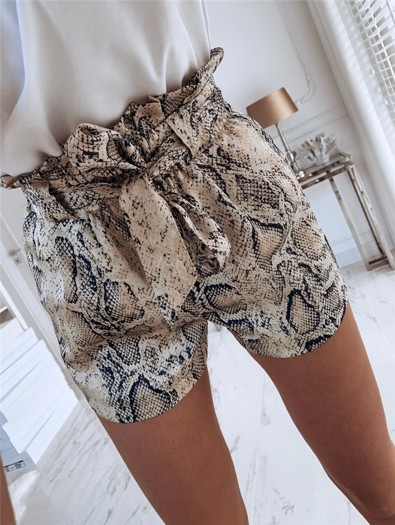 

2019 Fashion Women Girl Snake Skin Print Shorts Casual Ladies High Waist Tie Belt Shorts Ladies Loose Shorts Summer Hot Shorts