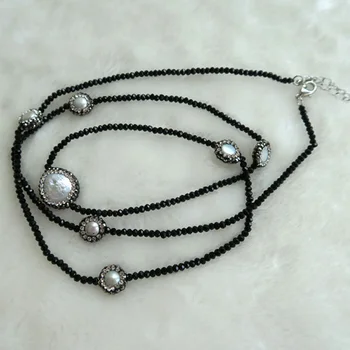 

3 Strands Pearl with paved rhinestone Necklace, natural Pearl bead,DIY Jewelry Crystal Glass Beaded Charm Necklace ,NK10