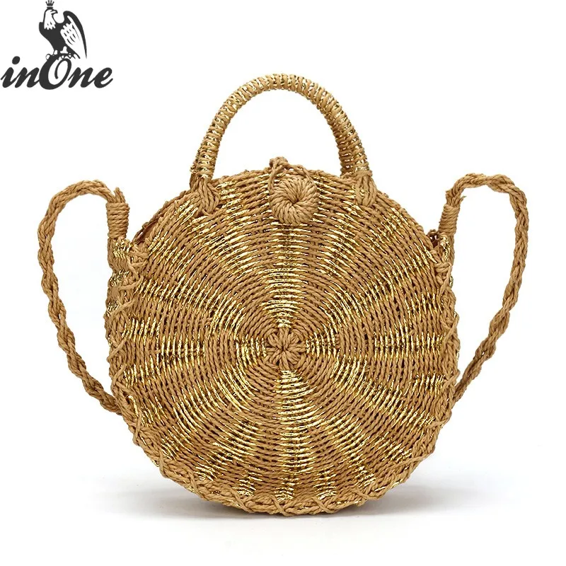 

inOne Handmade Organic Natural Straw Woven Hollow Out Tote Handbag Round Shape Beach Bags for Women 2019 Travel Bag Purses