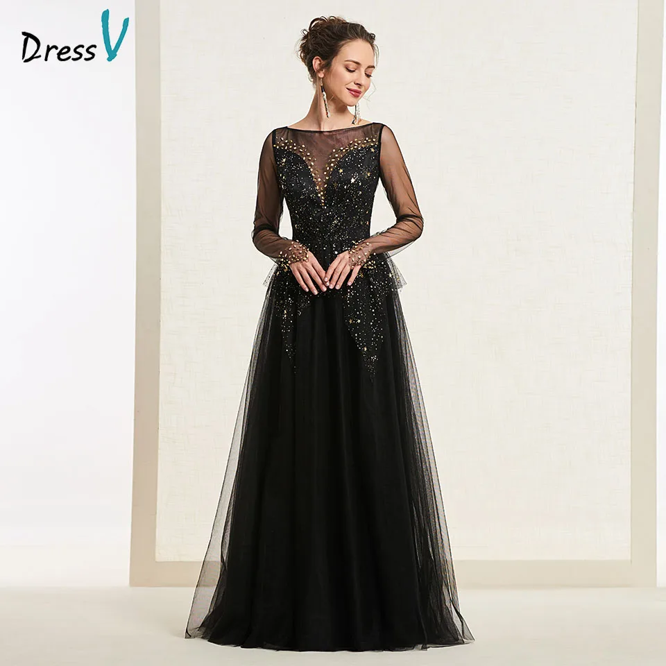 Dressv Черное вечернее платье трапециевидной формы с круглым вырезом, с длинными рукавами, на пуговицах, длина до пола, свадебное вечернее платье, вечернее платье es