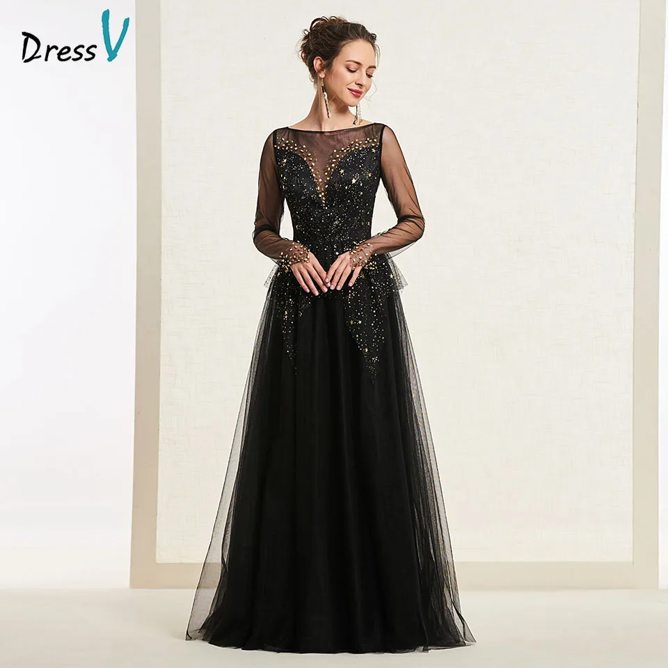 Dressv/Черное вечернее платье трапециевидной формы с глубоким вырезом длинными