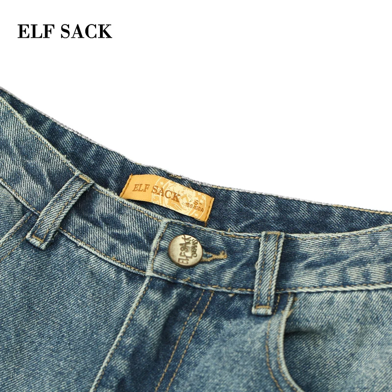 ELFSACK Spring New Oversized Jeans Woman Casual Straight Cotton Women Trousers Mid Waist Light Loose Ladies Plaid Pants