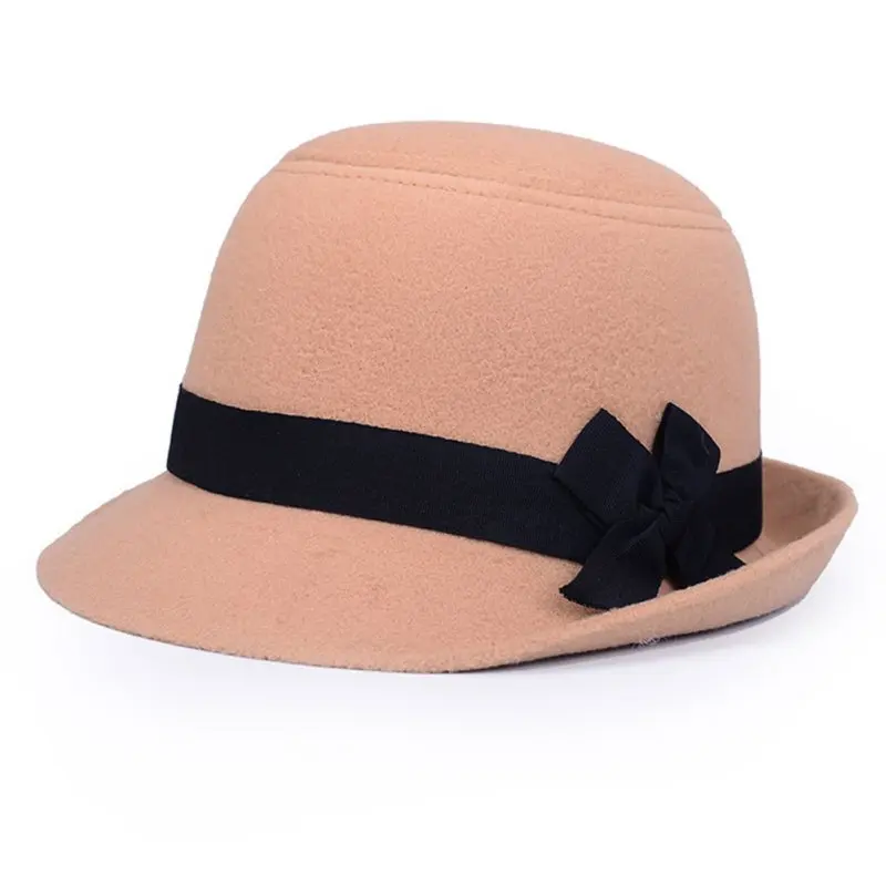 Новая Ретро трендовая Милая Женская Ретро-шляпа для девушек с бантом, Пляжная фетровая шляпа из шерсти, фетровая шляпа-котелок, кепка Дерби - Цвет: Deep Beige