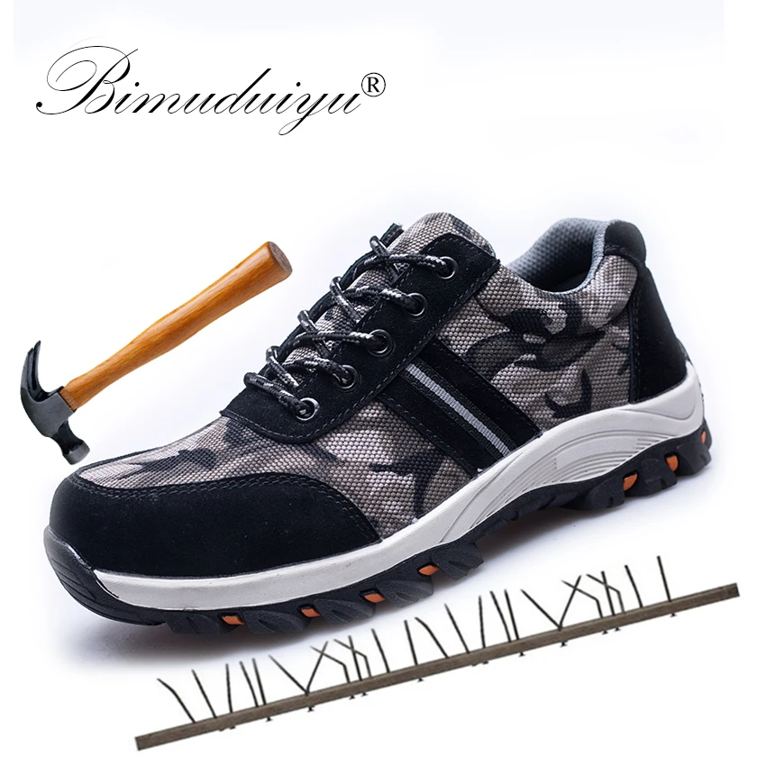 BIMUDUIYU الرجال أحذية الأمان الطويلة التمويه الربيع تنفس شبكة الصلب اصبع القدم حذاء كاجوال الرجال التأمين العاملة ثقب واقية حذاء