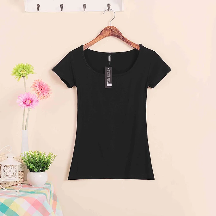 Базовые Стрейчевые топы размера плюс,, Летний стиль, короткий рукав, футболки для женщин, u-образный вырез, хлопок, женские футболки, повседневные футболки - Цвет: W00630 black