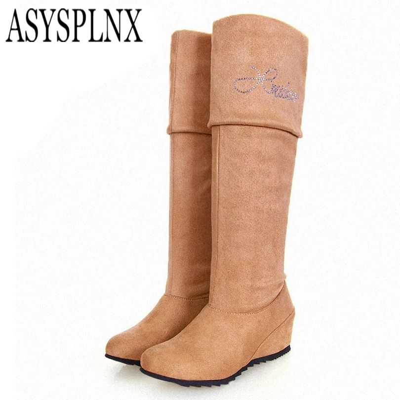 

ASYSPLNX Flock wedge women fashion thigh high winter boots, Western Black/brown/blue/yellow ladies shoes fashion botas femininas