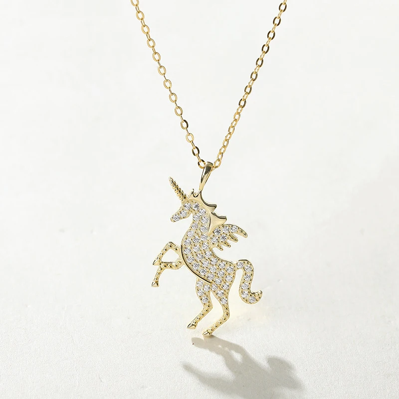 

Gold Color Inlaid Zircon Pendant Necklace for Women S925 Sterling Silver Unicorn Star Moon Necklace Clavicle Chain Jewelry Kolye