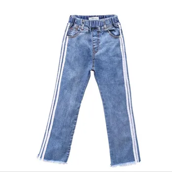 

DFXD Teen Girls Jeans Pants 2018 Autumn High Quality Cotton Long Side Stripes Spliced Denim Blue Trousers Girls Jeans 3-12Years