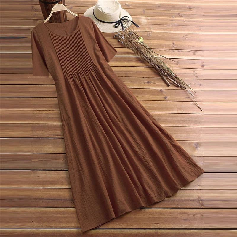

Womail Women's Dresses Summer Fashion Short Sleeve Loose Linen Pleated Round Neck Vintage Solid Casual Dress Dropship Apr22